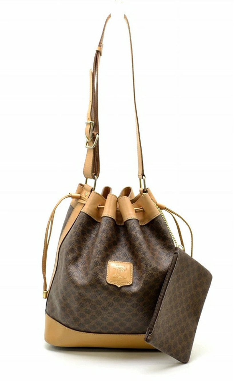 Celine Macadam Shoulder Bag Drawstring Brown Dark